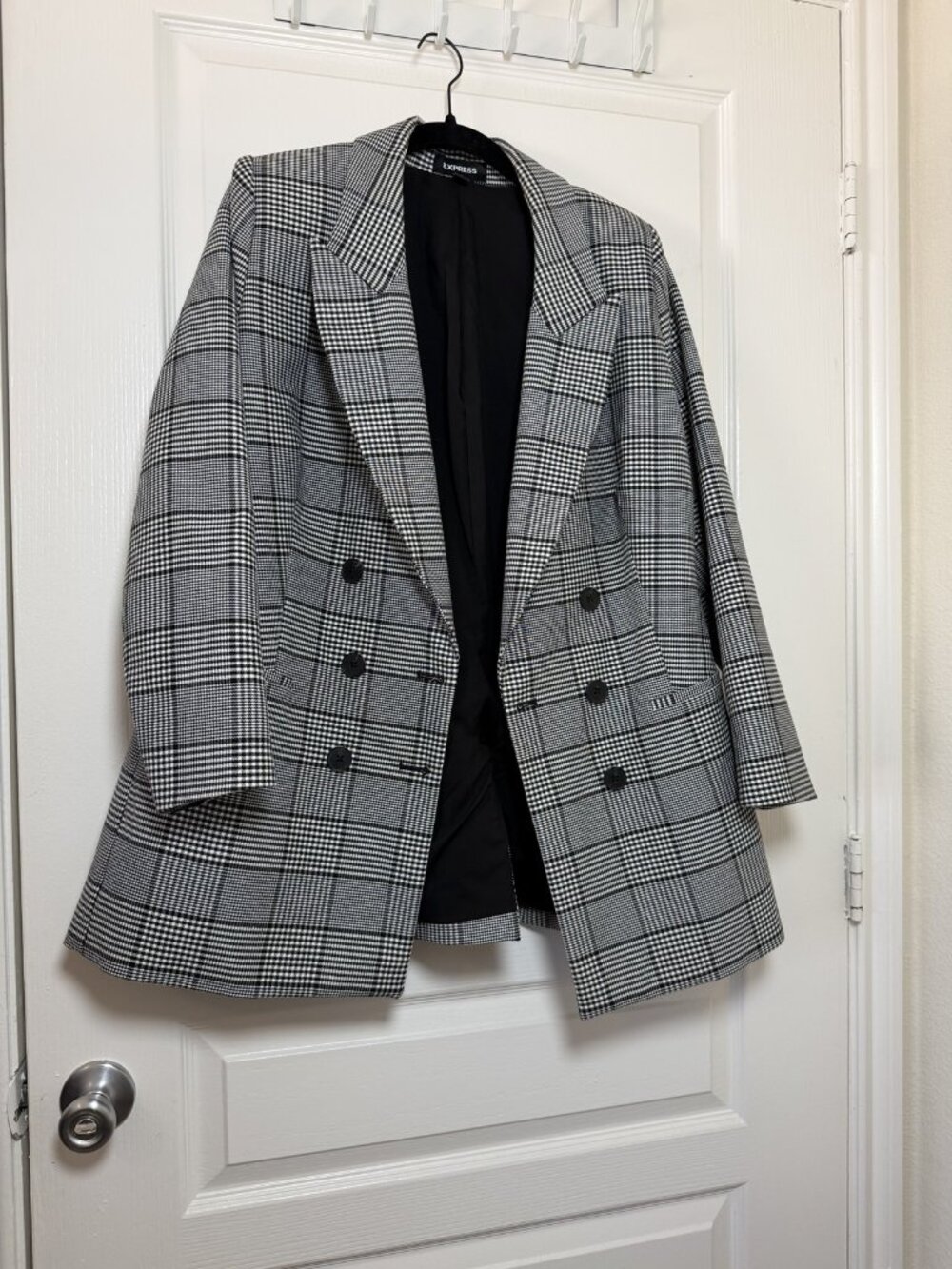 Express Double Breasted Glen Plaid Oversized Blazer Black White Lined XL